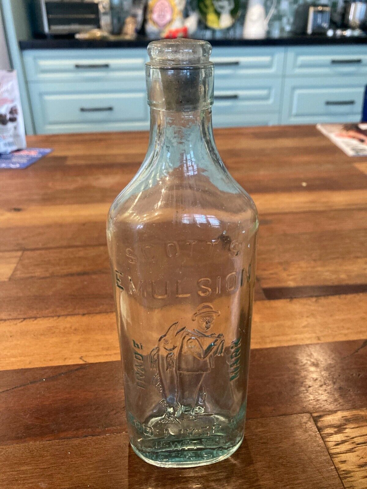 Vintage Scott\'s Emulsion Cod Liver Oil with Lime & Soda bottle Blue tint 9 inch
