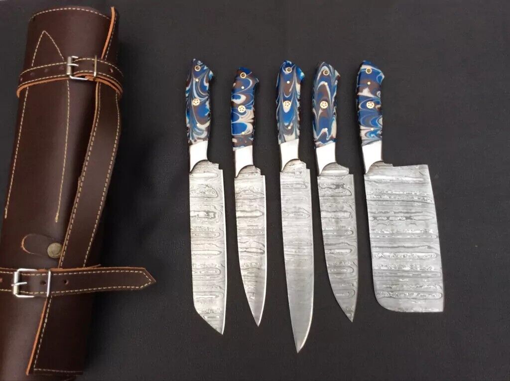 SUPER BLADE COSTUME HAND MADE DAMASCUS STEEL CHEF KNIVES SET FIVE 5 PIECES AA 90