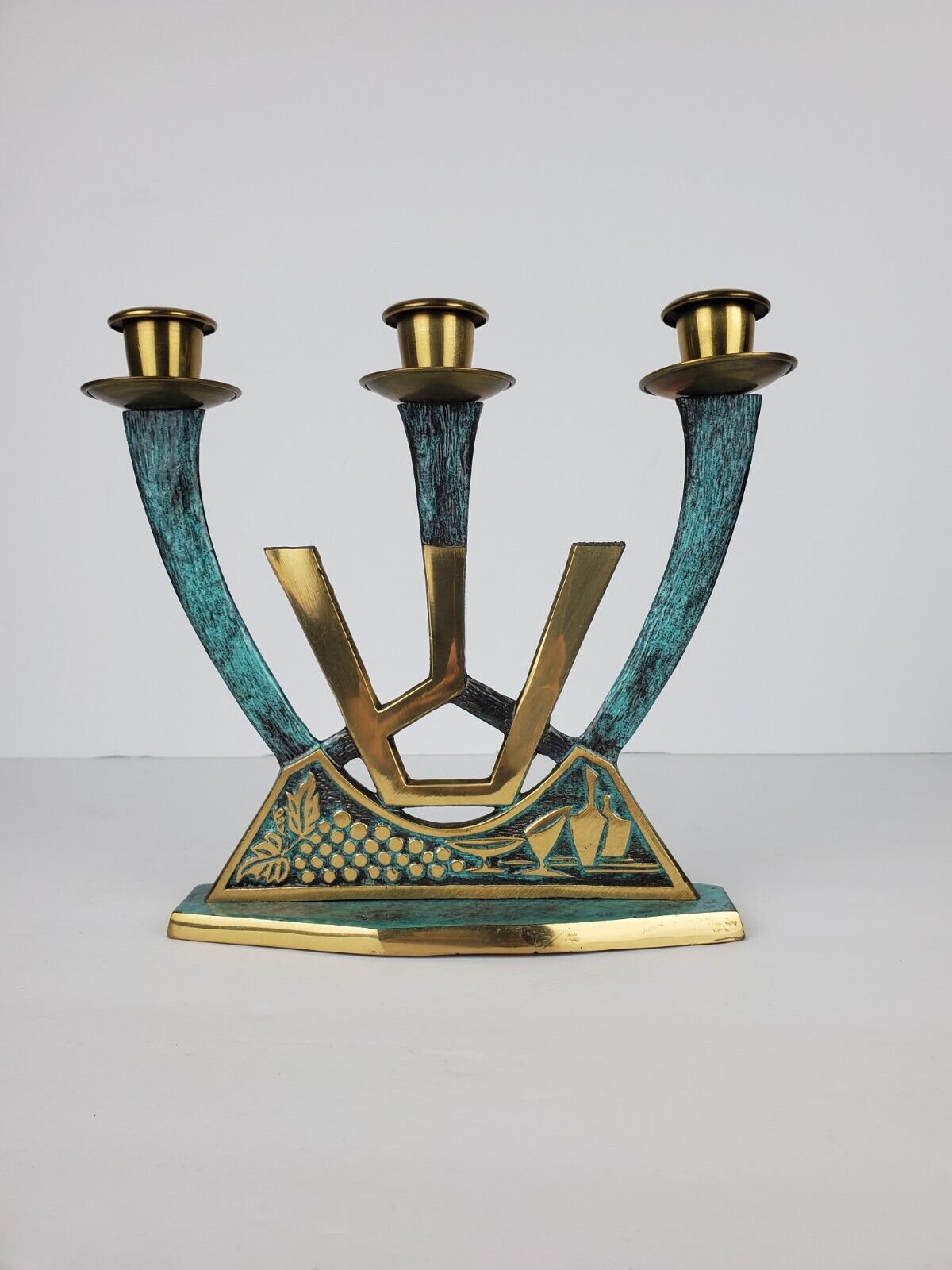 Vintage Pal Bell Style Brass Three Branch Shabbat Candlestick Israel