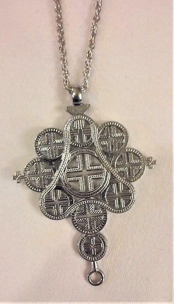 Stunning Shiny Filigree Orthodox  Openwork Circles Silvertone Cross Necklace