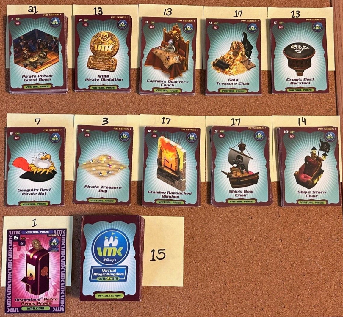 136 VMK Virtual Magic Kingdom Disney Used Trading Cards & 15 VMK Original Maps