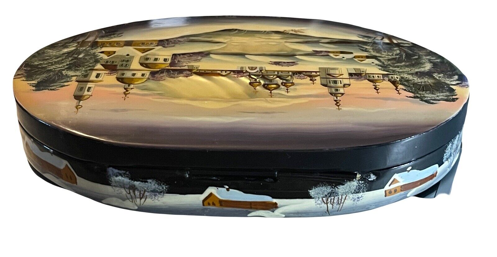 Russian Fedoskino Hand-Painted Mother of Pearl Winter Village Lacquer Box Signed