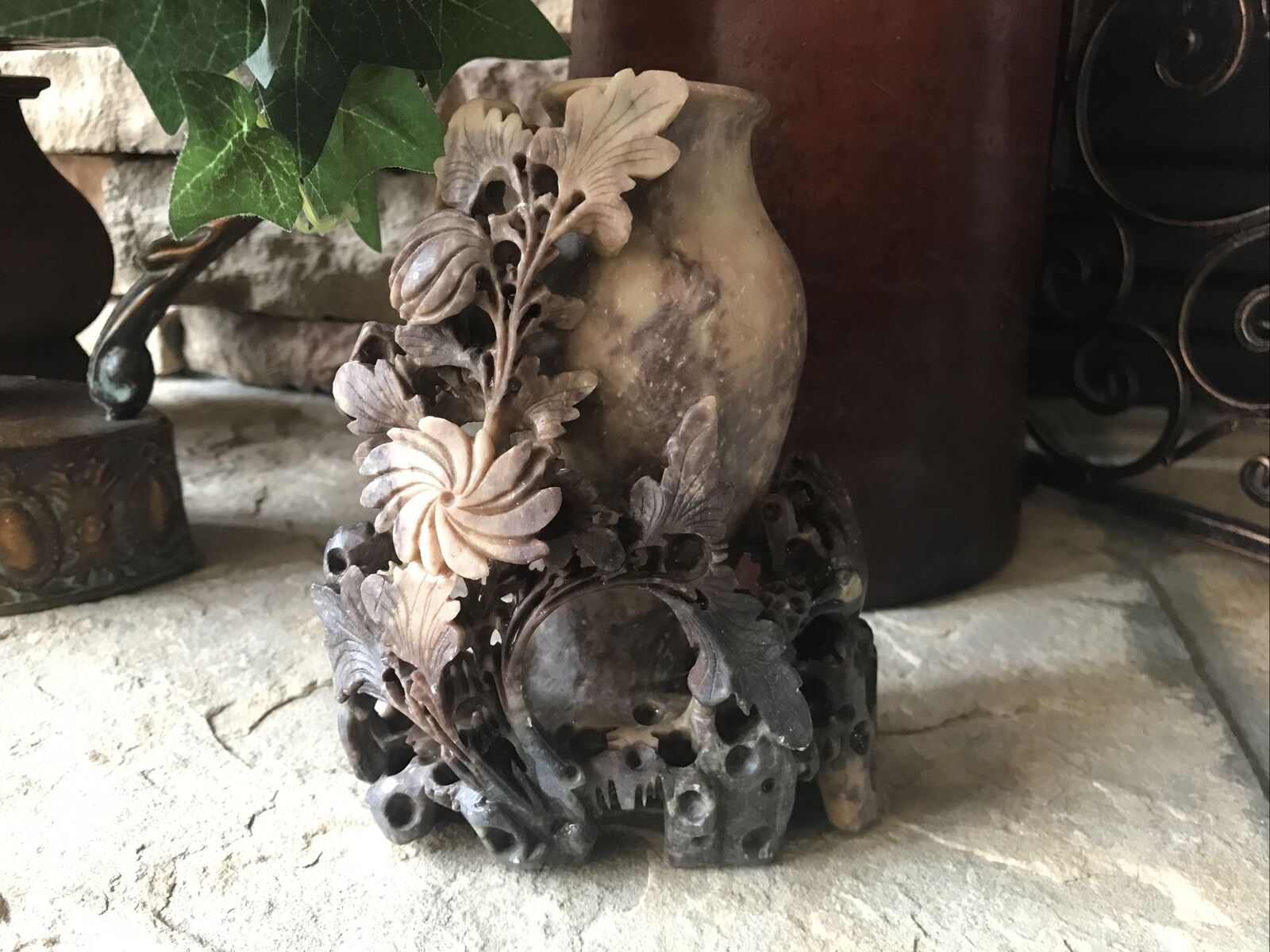 Carved Vase Small Natural Soapstone Vintage Brown Pot Flowers Sculpture Carving