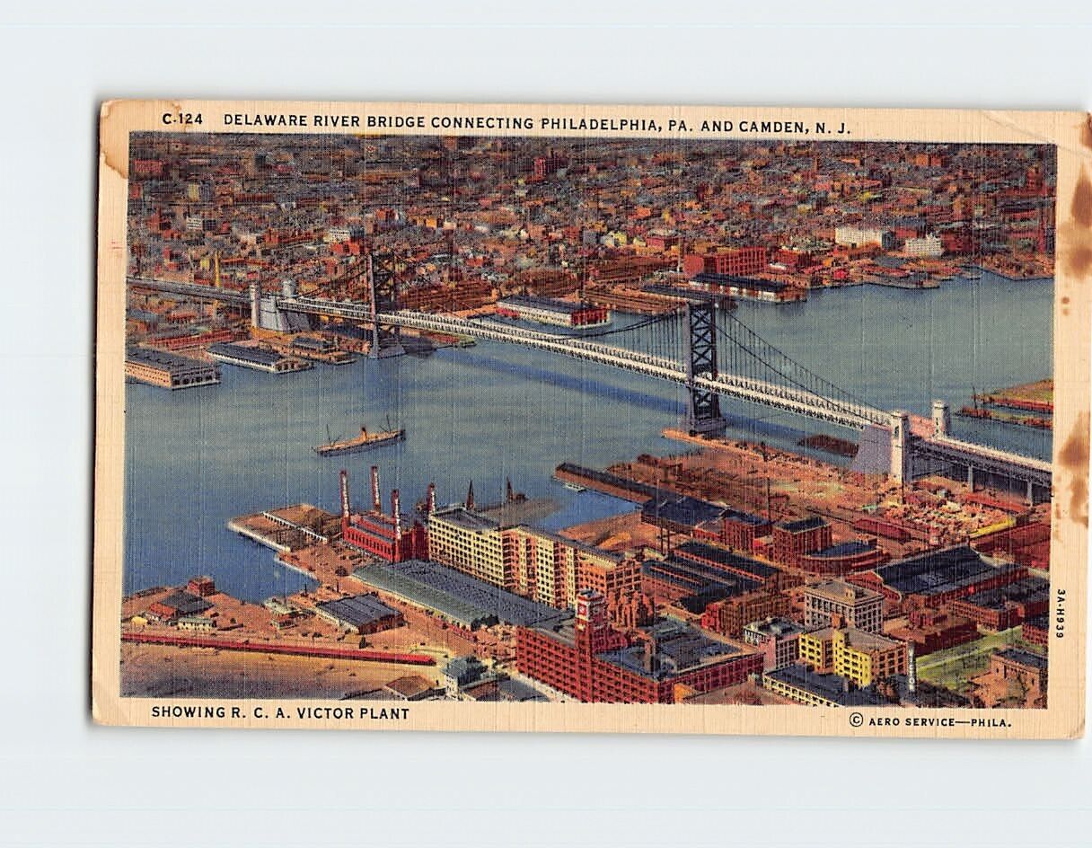 Postcard The Delaware River Bridge Showing R.C.A. Victor Plant