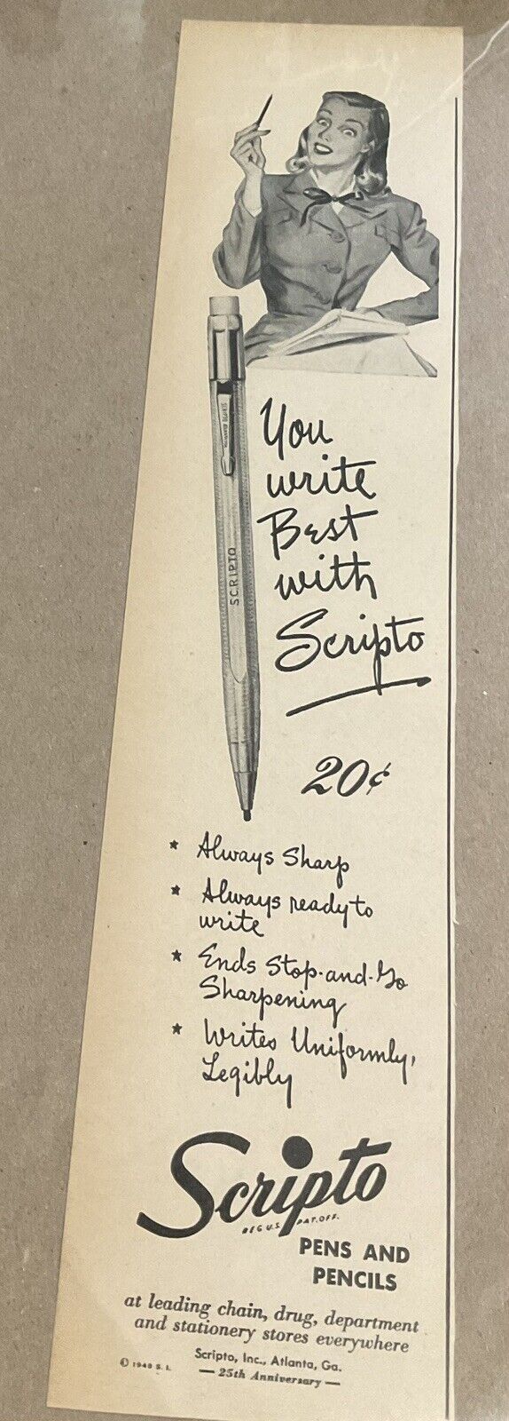 Vintage Scripto Pencil 1948 Ad 25th Anniversary