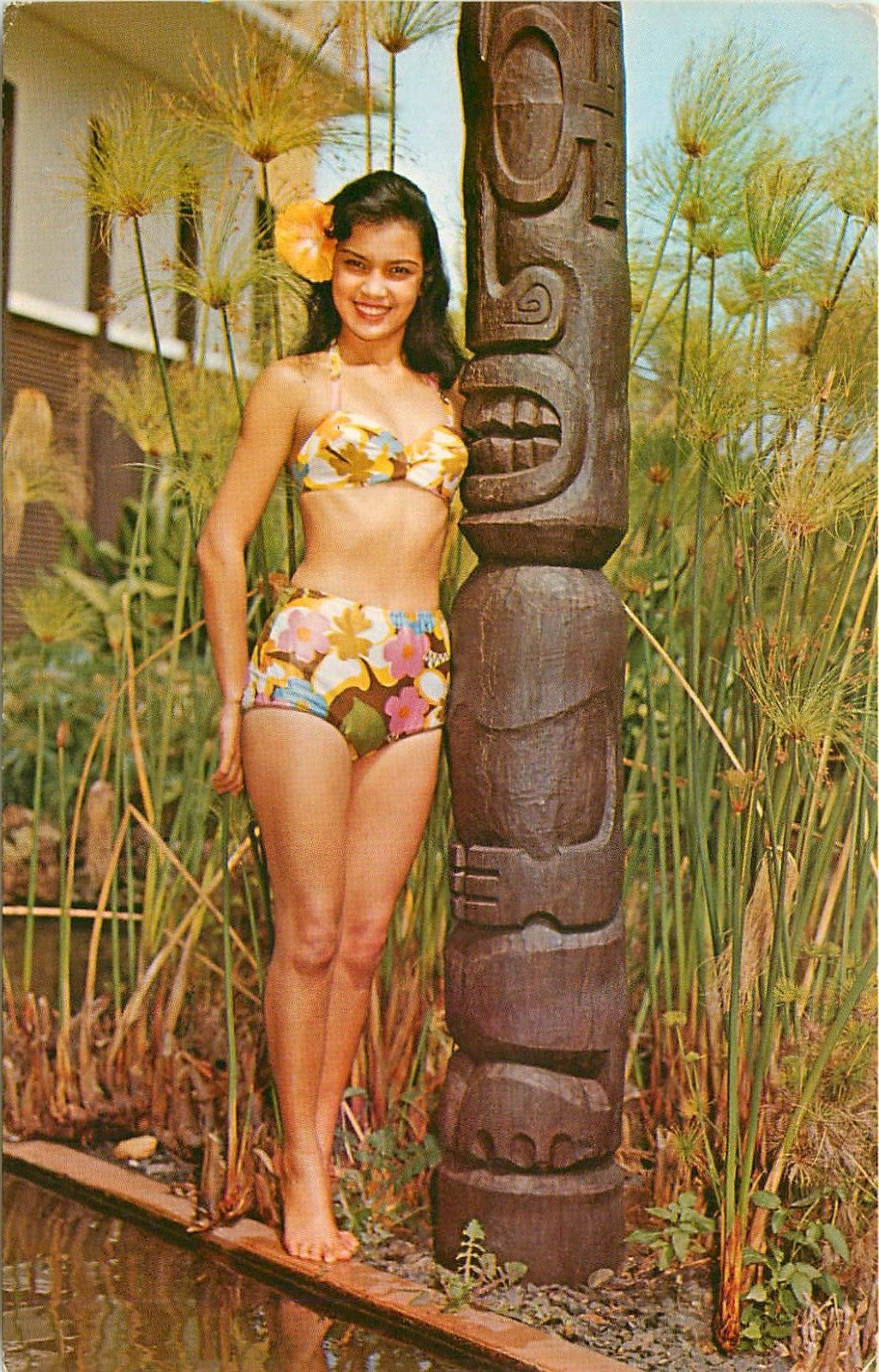 c1960s Miss Kauai (Elithe) And Tiki - Honolulu, Hawaii Postcard