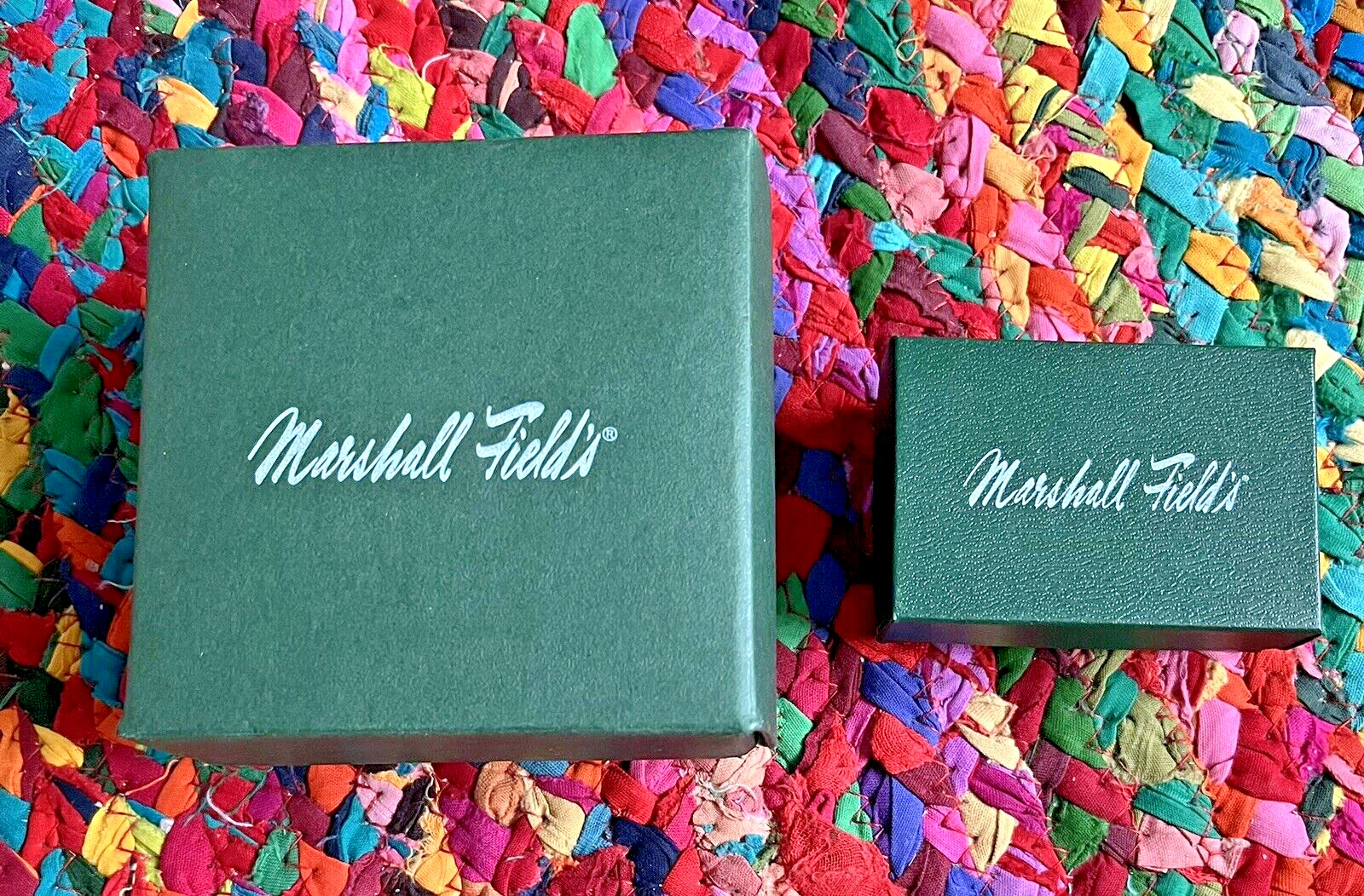 2 Vintage MARSHALL FIELD'S Chicago Green Jewelry Gift Boxes Chicago Christmas