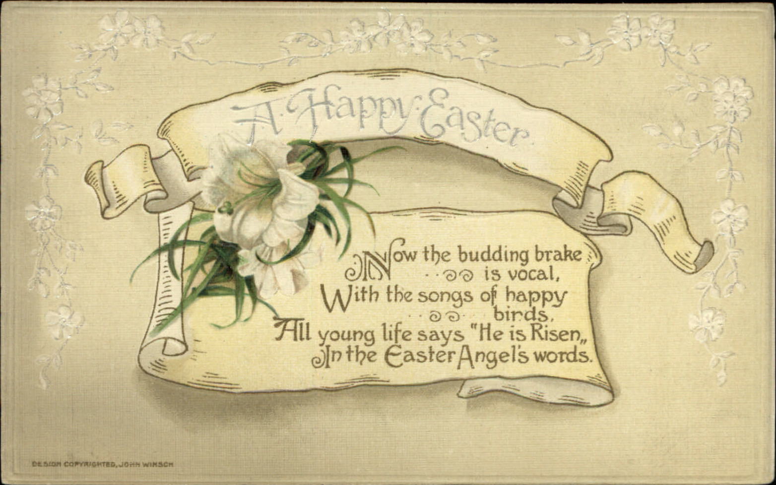 EASTER Poem yellow banner white lilies ~ Winsch ~ 1921 Cairo to Centralia IL