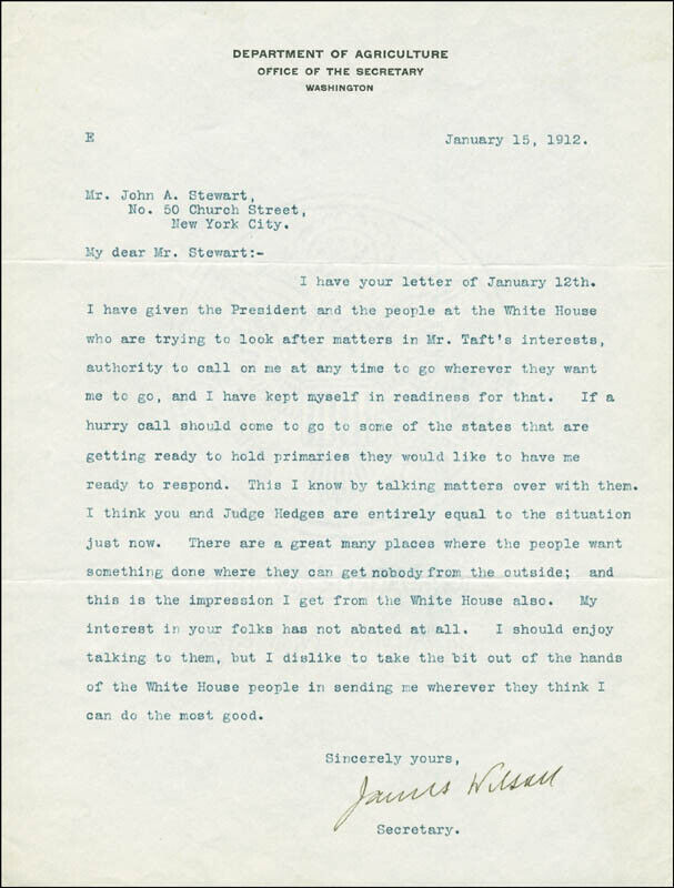 JAMES WILSON - TYPED LETTER SIGNED 01/15/1912