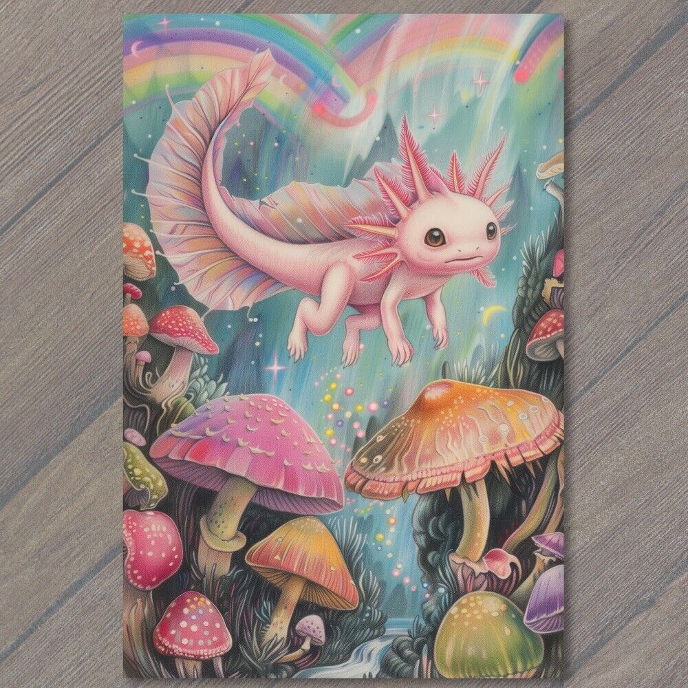 POSTCARD Axolotl Rainbows Mushrooms Colorful Fun Cute Pink Fantasy Trippy Neat