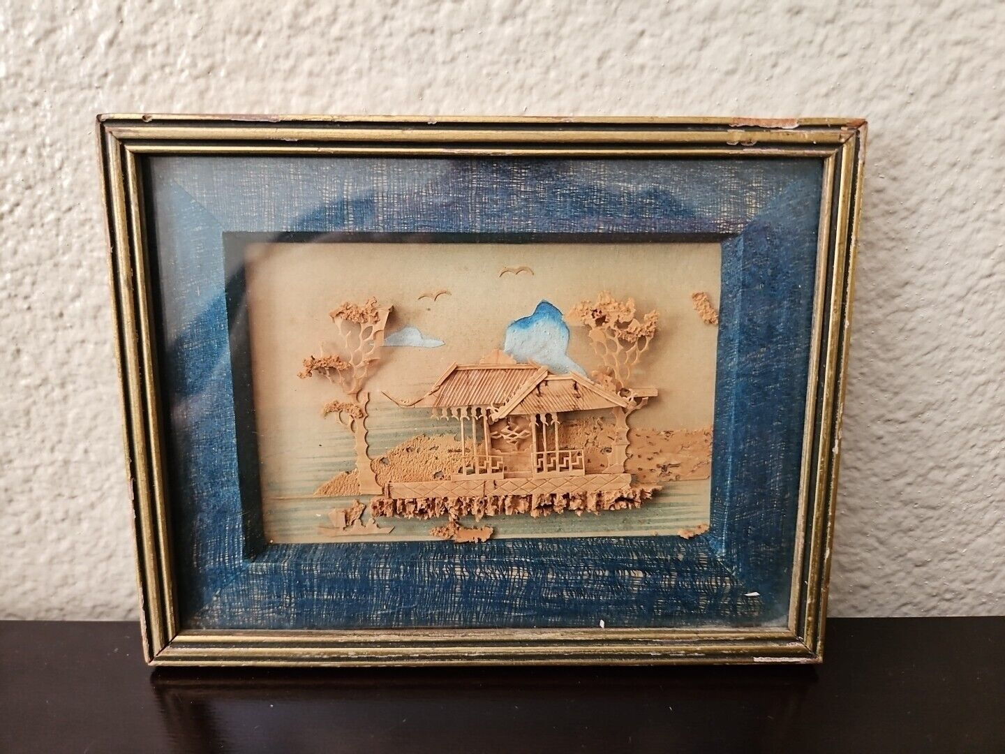 Vintage Asian Small Framed Cork Art