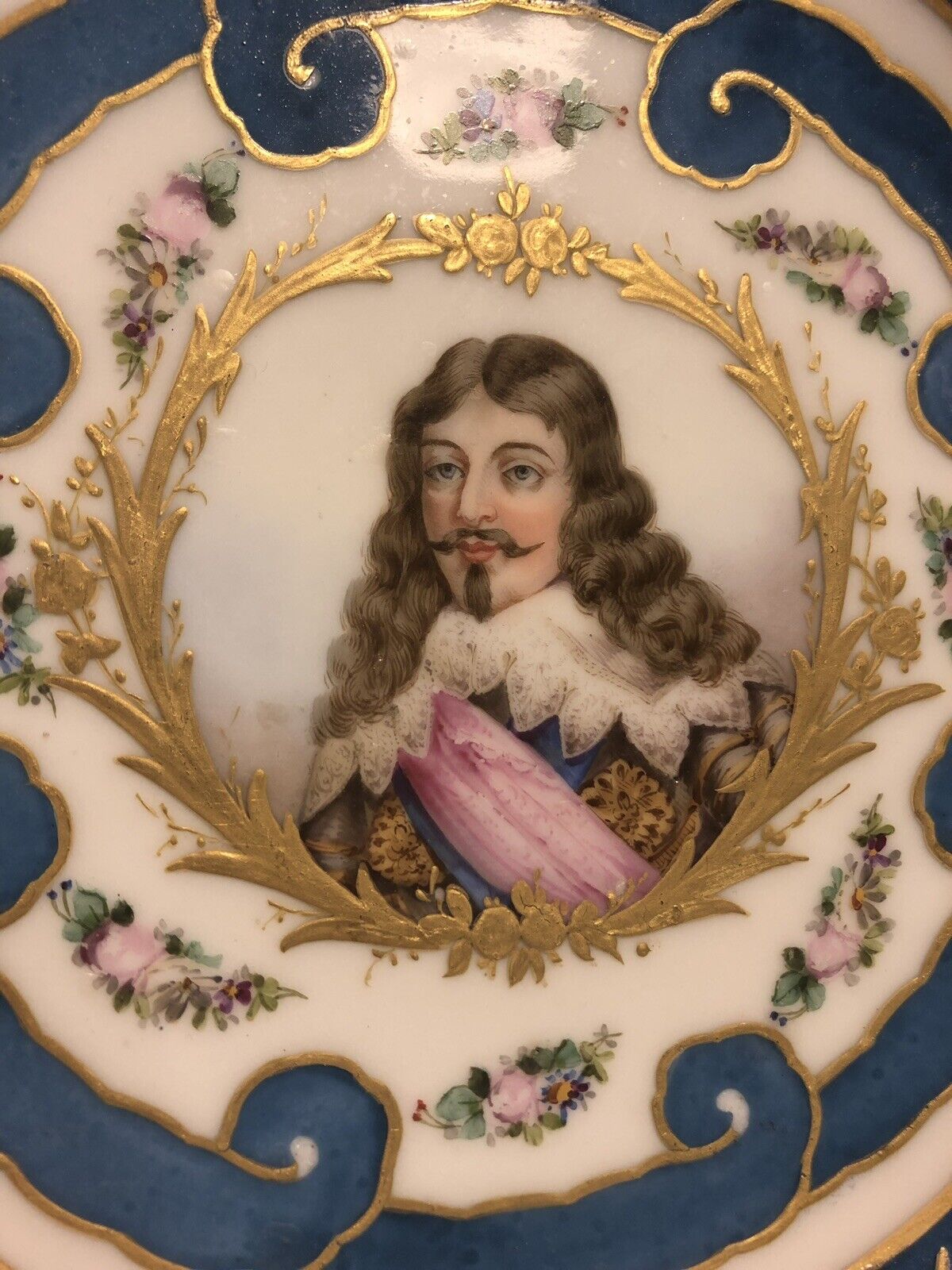 Antique SEVRES Style Royal Celeste Tazza Compote King LOUIS XIII Portrait
