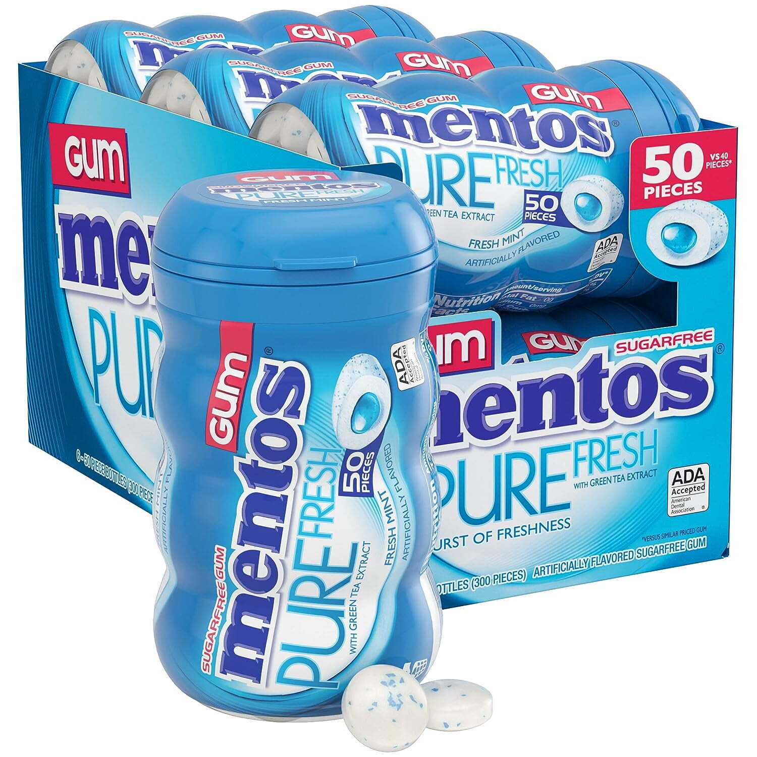 Mentos Gum Sugar-Free Fresh Mint Chewing Gum, 50 Pieces, (6 Bottles of 50).