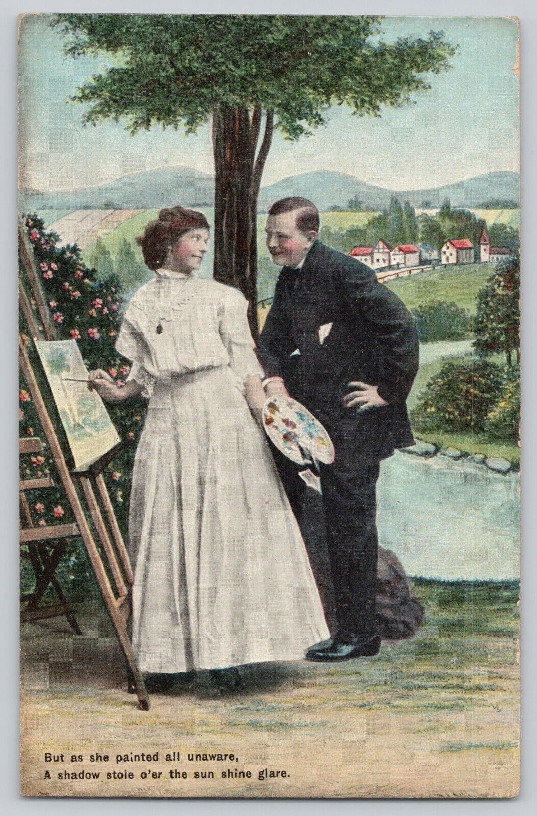 Postcard Theochrom Series 1099 Woman Painting man watching c1908