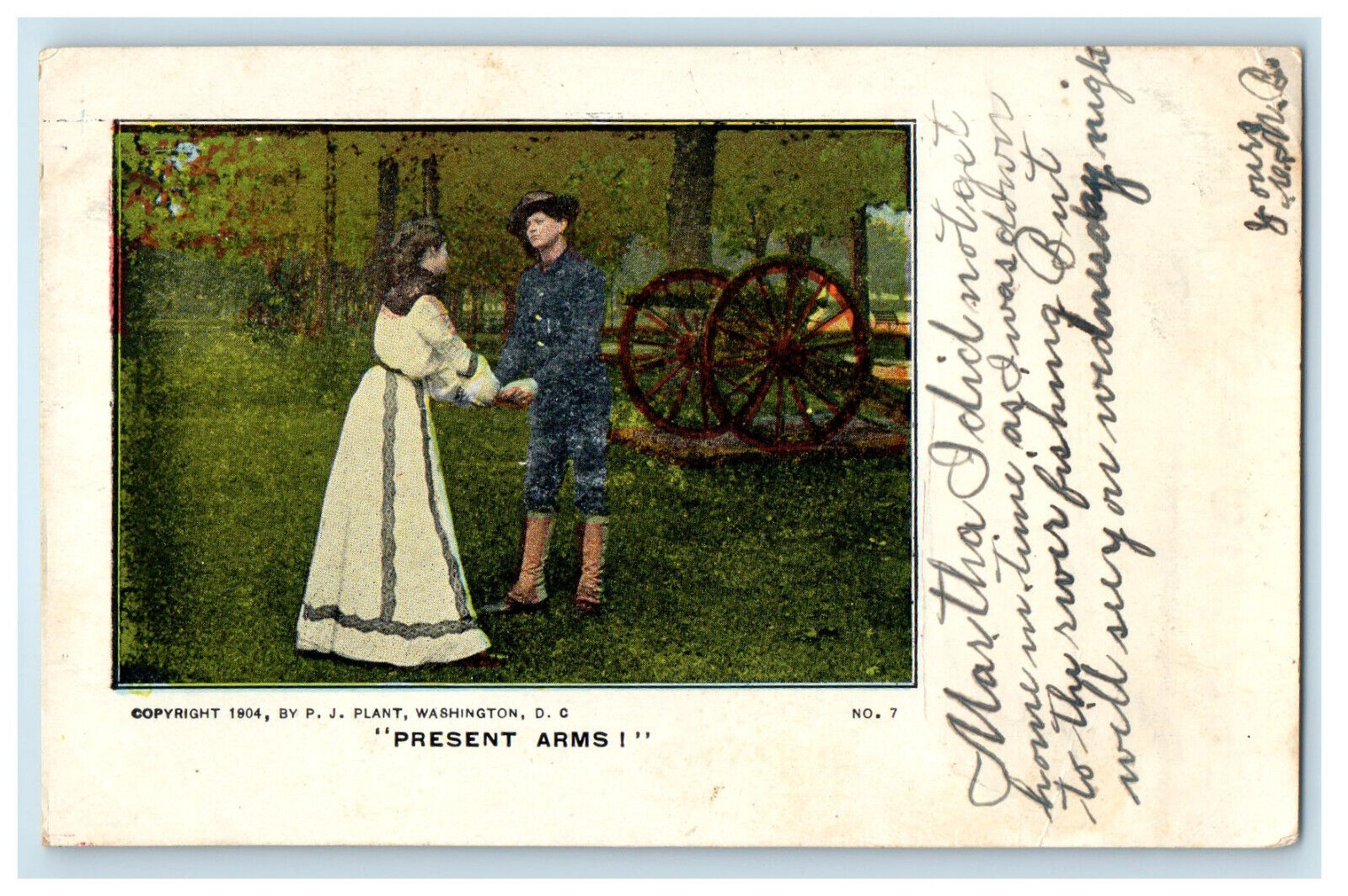 1906 Couple Scene Present Arms Posted Antique PJ Plant Postcard
