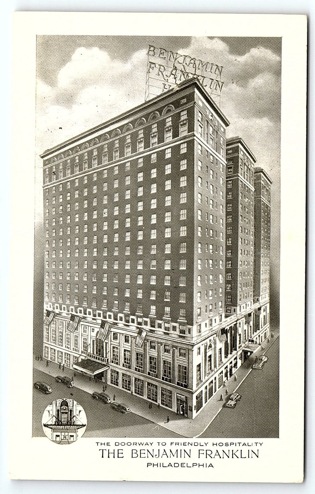 1930s PHILADELPHIA PA THE BENJAMIN FRANKLIN HOTEL CHESTNUT AVE POSTCARD P2140