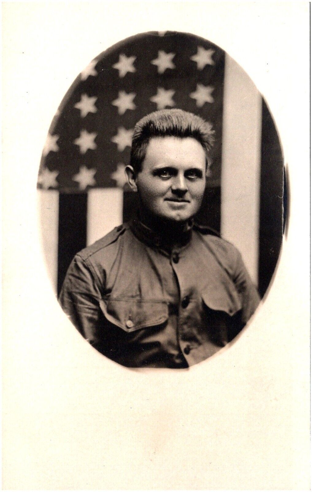 Soldier Portrait American Flag Backdrop US Army 1920s RPPC Postcard Post WW1