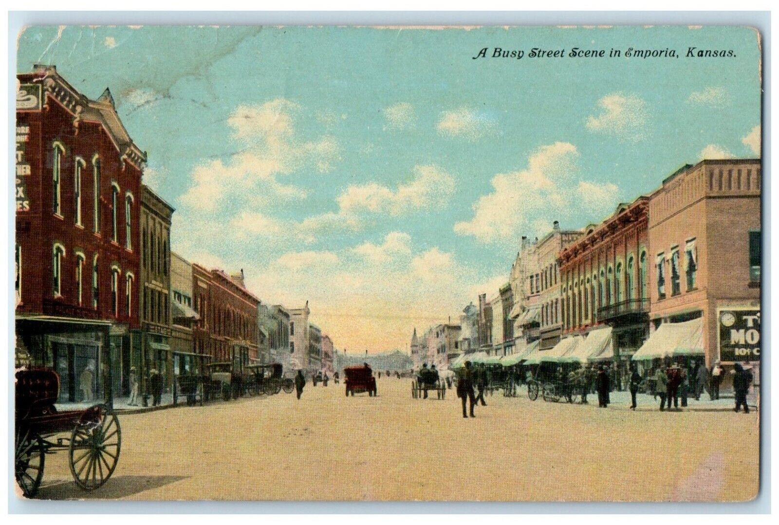 1911 Busy Street Scene Horse Carriage Buildings Road Emporia Kansas KS Postcard