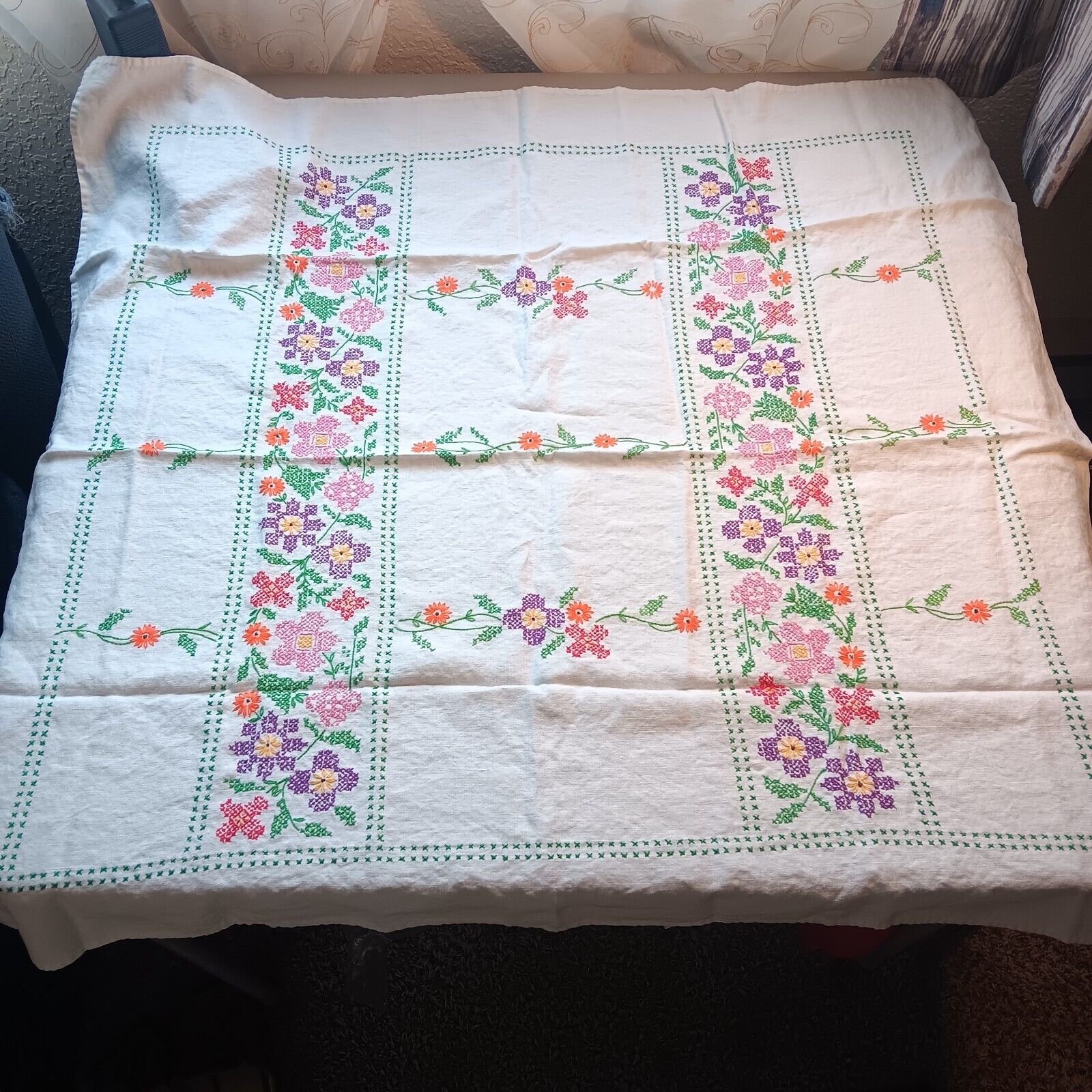 Vintage cross stitched floral handmade square card table cloth cottagecore decor
