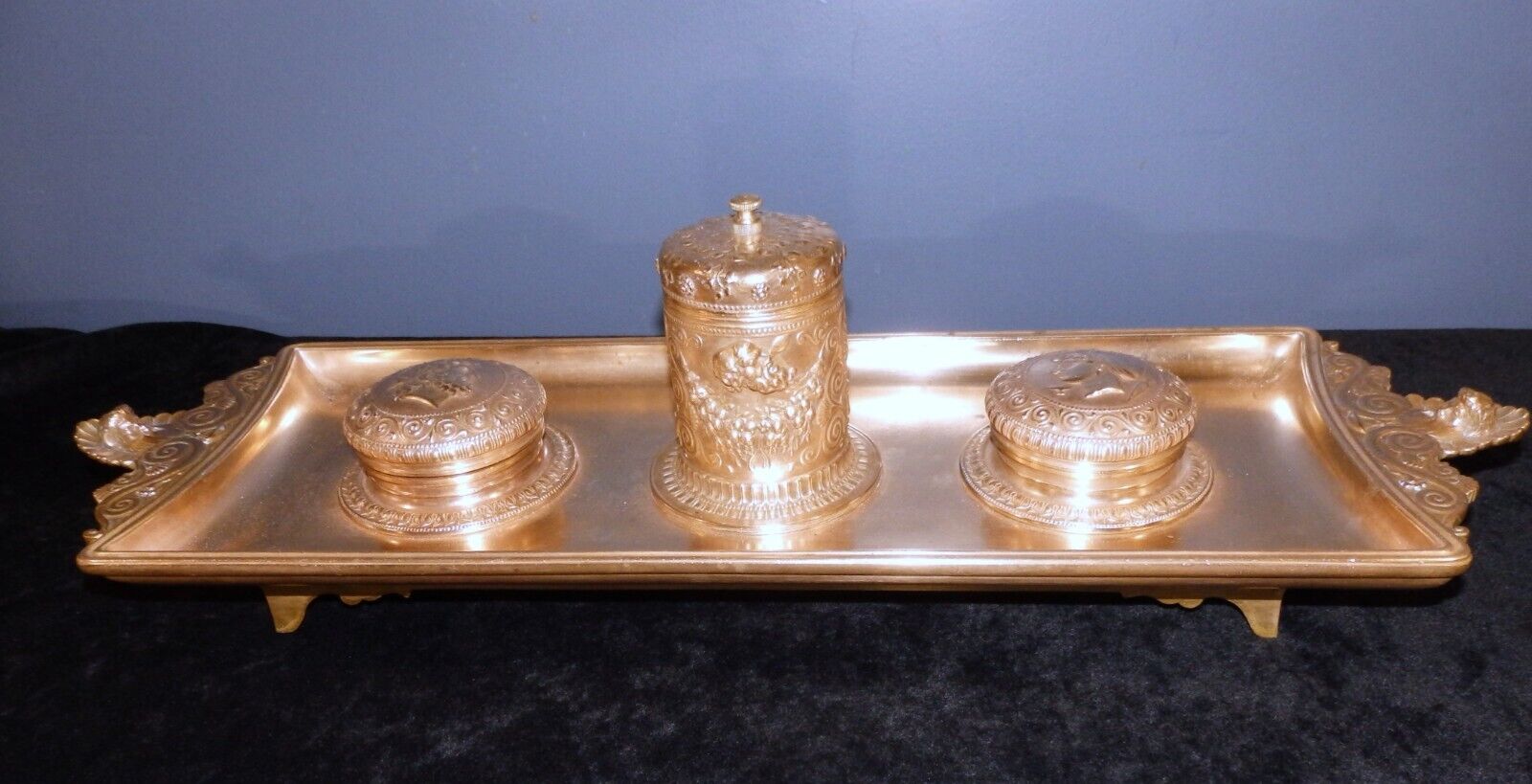 Antique 19th c F. BARBEDIENNE French BRONZE INKWELL Inkstand w Cobalt Inserts