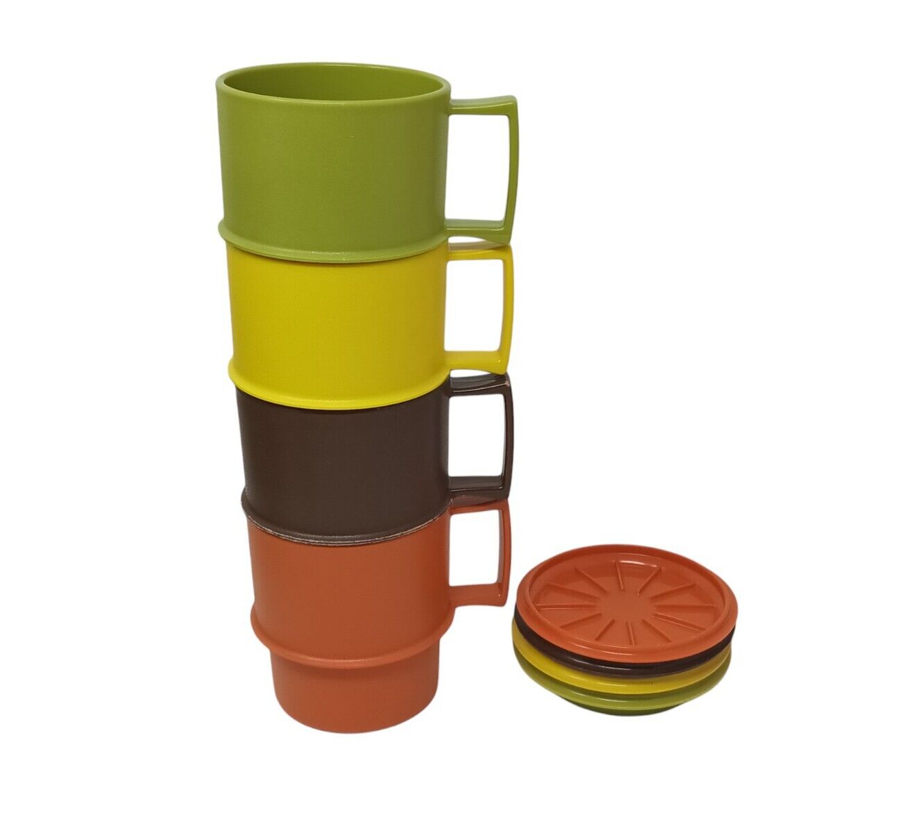 Vintage Tupperware Coffee Mugs With Lids Coasters #1312 Harvest Colors 70s 