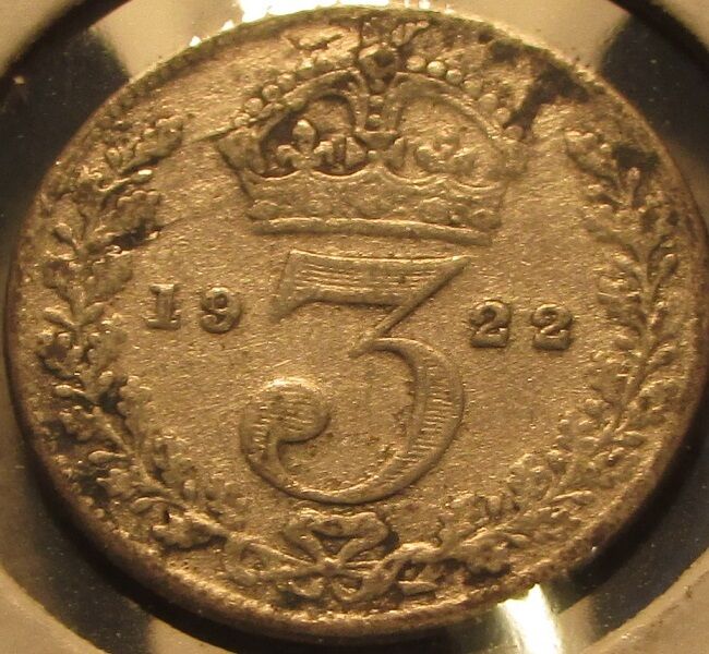 1922 British Three 3 Pence 50% Silver Coin - Great Britain England UK