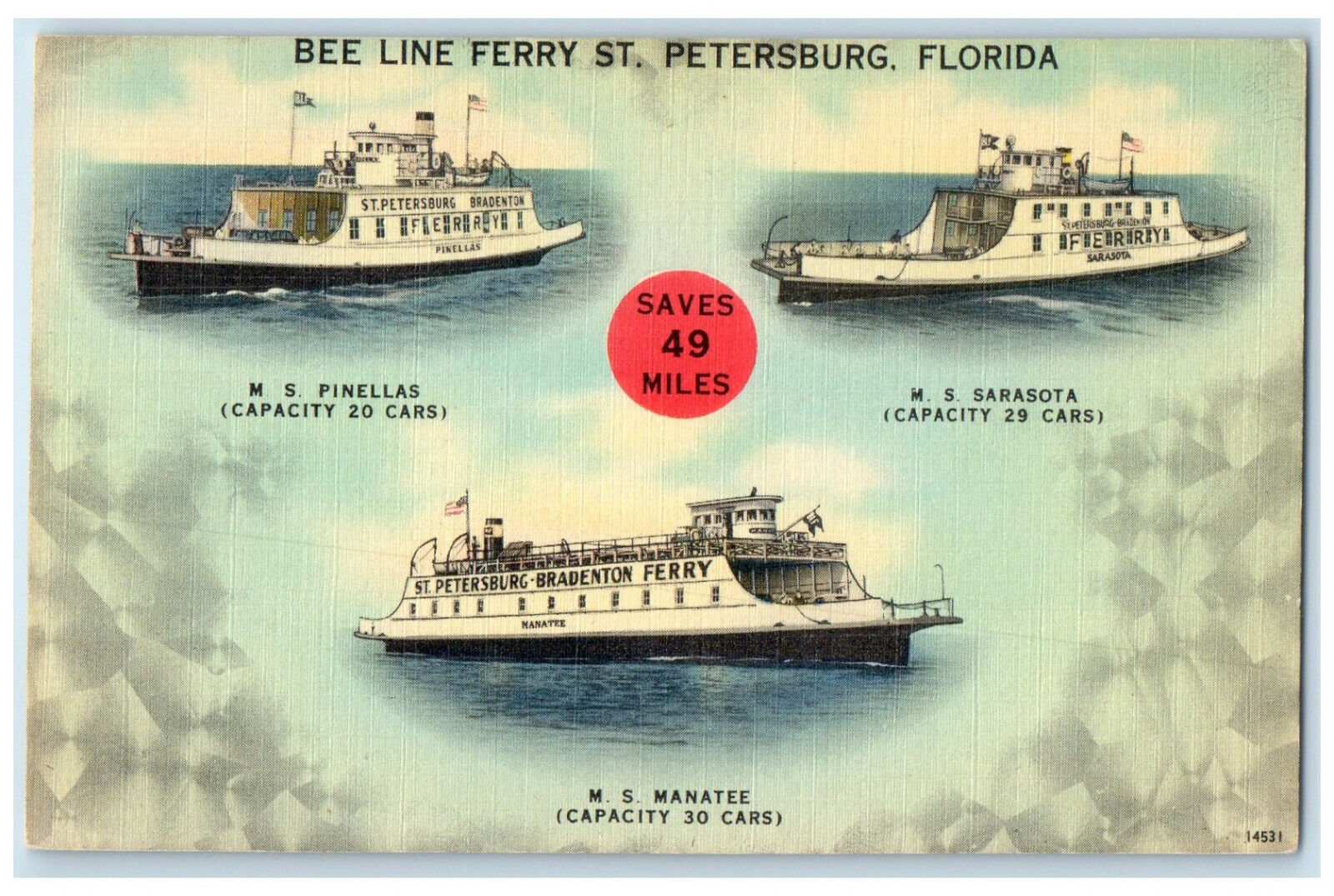 c1950's Pinellas Bee Line Ferry Multiview St. Petersburg Florida FL Postcard
