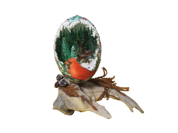 Porcelain Cracked Egg Cardinal W/Winter Scene Inside Trees Deer On Driftwood