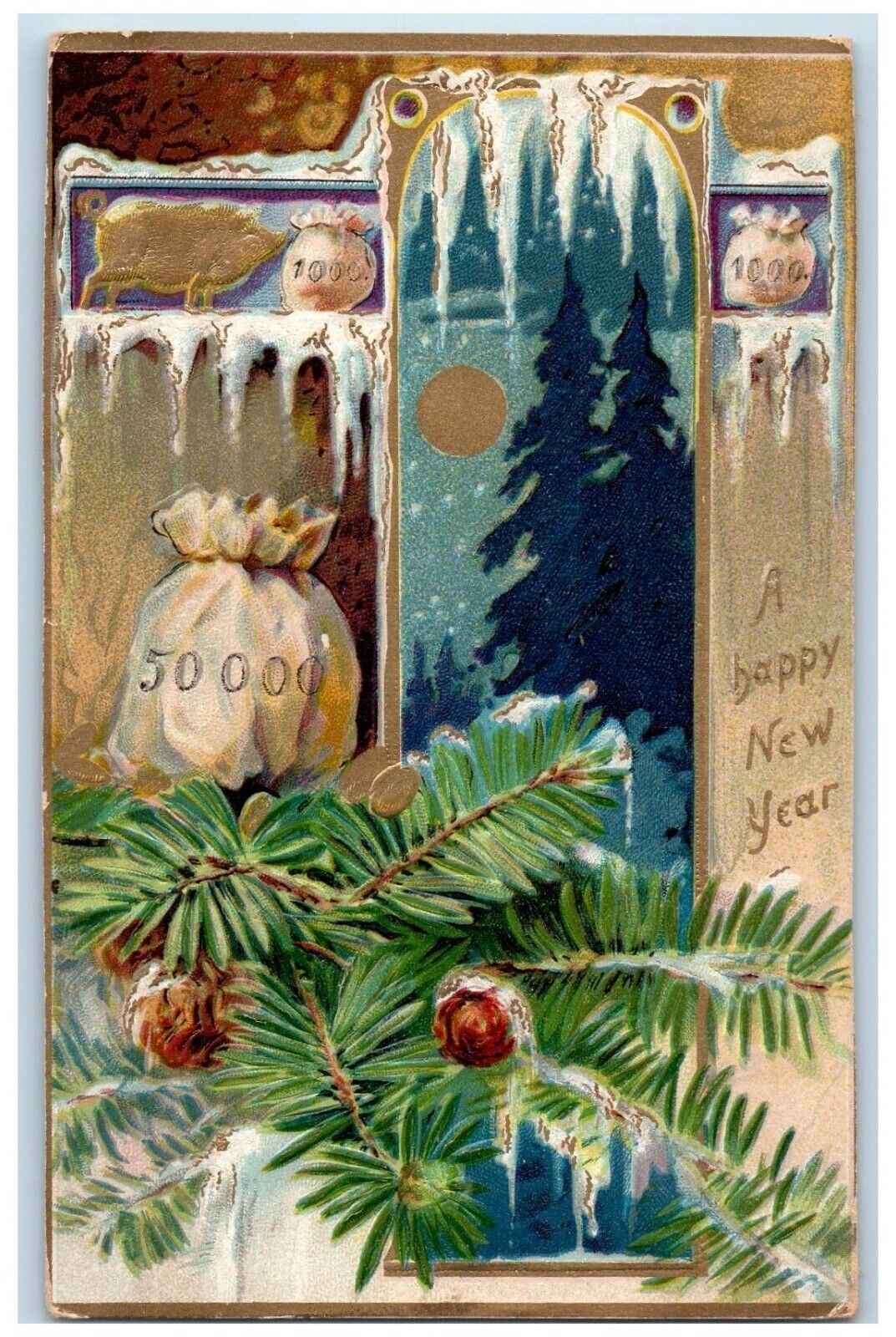 c1910's Christmas Pinecone Pig Sack Of Coins Embossed Tuck's Antique Postcard