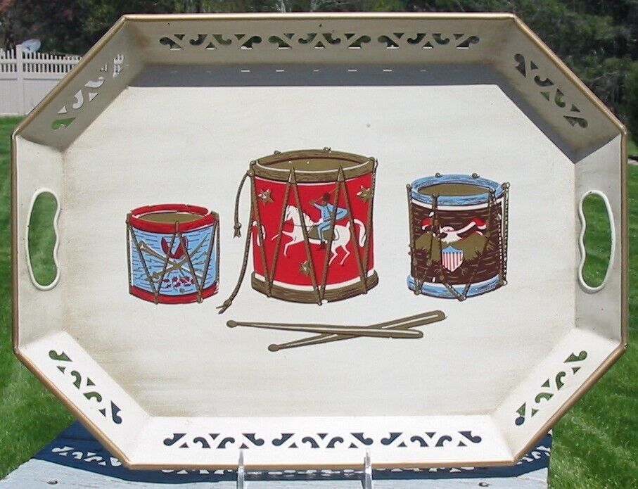 Vtg Hand Painted Tole Tray Pilgrim Art No 148 Patriotic Drums Red White Blue Old