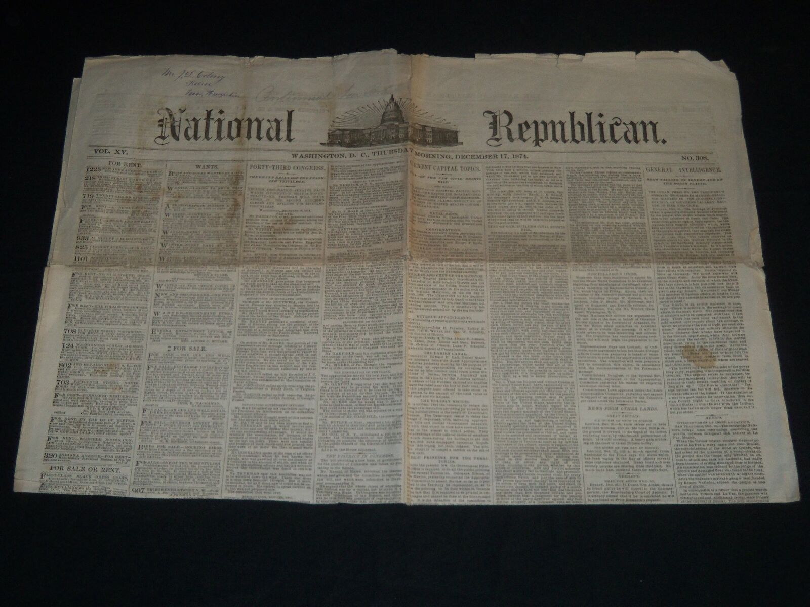 1874 DEC 17 NATIONAL REPUBLICAN NEWSPAPER - WASHINGTON - 43RD CONGRESS - NP 4184