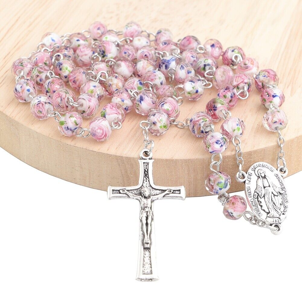 8mm Rosebud Flower Lampwork Glass Beads Handmade Rose Rosary with Mary Center