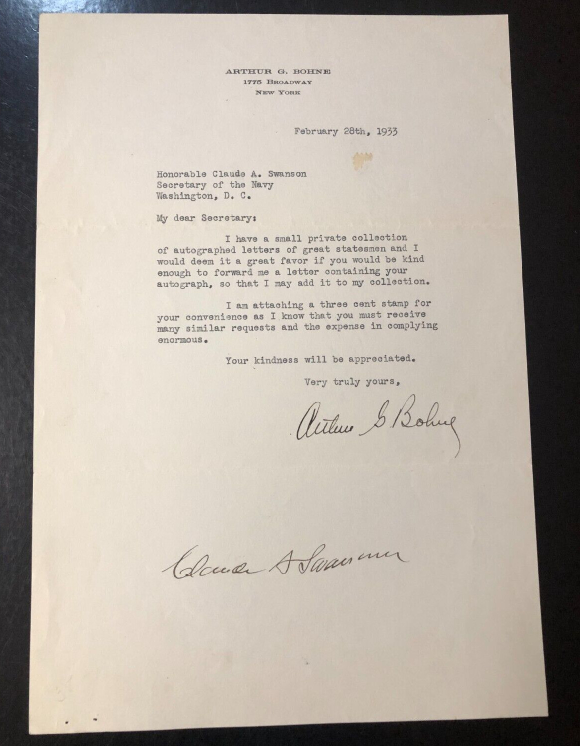 Claude Augustus Swanson Signed Letter Sec. of the Navy under President Roosevelt