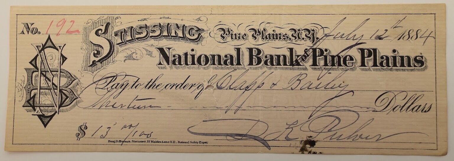 Antique Illustrated Bank Check, National Bank of Pine Plains, New York, 1884