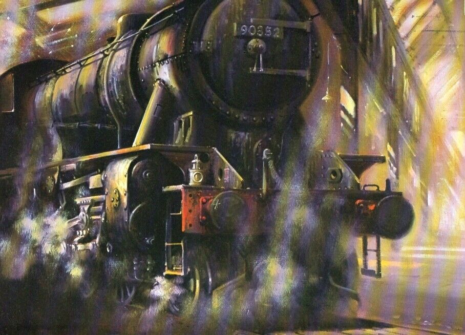 MAGNIFICENT MOUNTED RAILWAY PRINT GIANT WARTIME LOCOMOTIVE 90352 HULL SHED