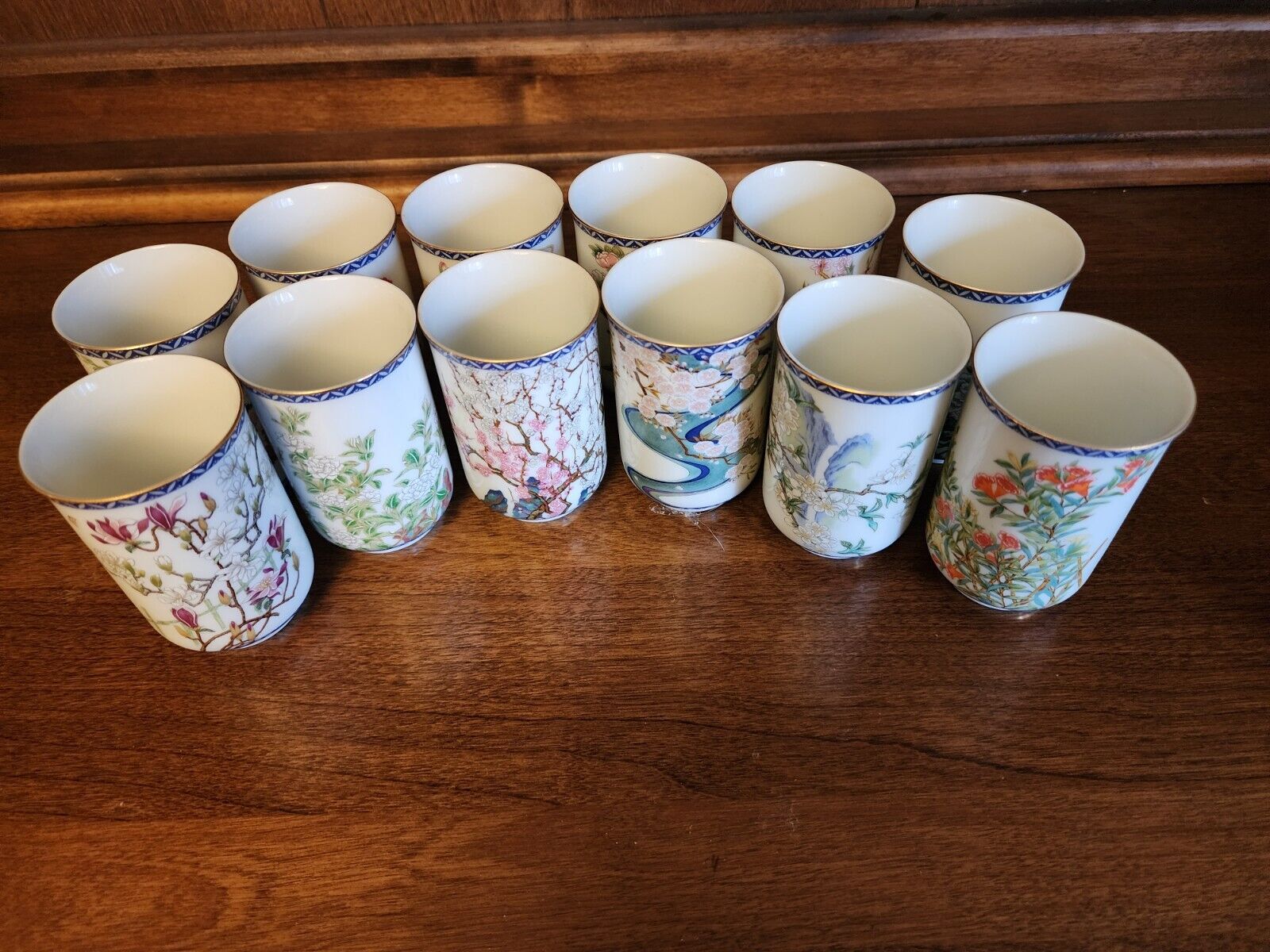 1981 FRANKLIN JAPANESE TEA CUP/SAKE 12 MONTHS OF THE YEAR FLOWERS Set of 12