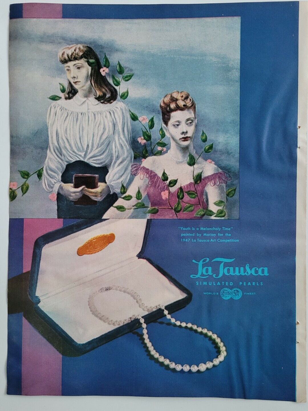 1947 La Tausca simulated pearl necklace vintage jewelry ad