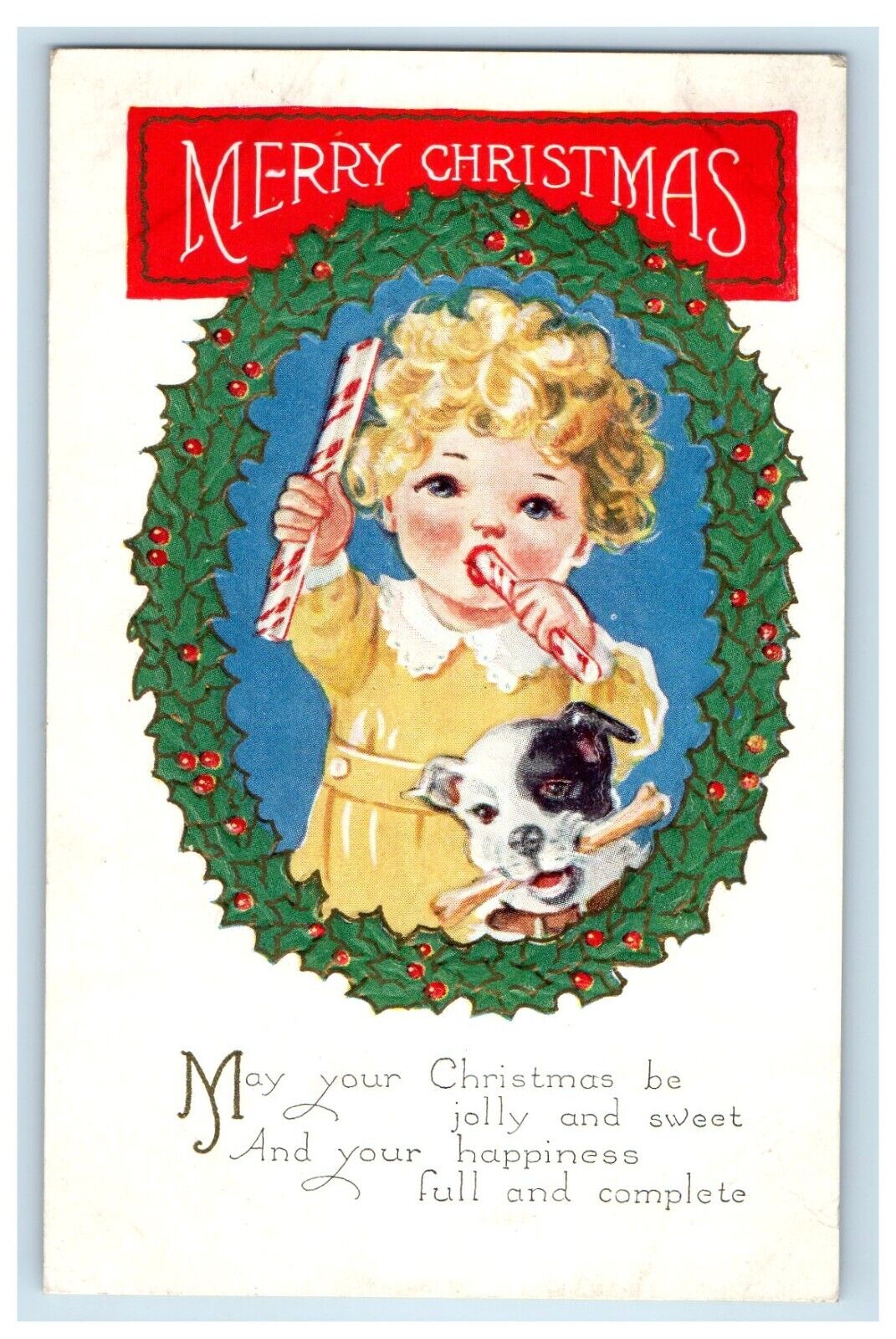 c1910\'s Merry Christmas Wheat Cute Girl Candy Cane Dog Bone Embossed Postcard