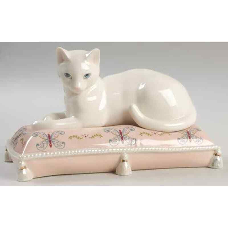 NEW SEALED Lenox Serena White Cat 2pc Sculpture Figurine Pink Pillow 24kt w/ COA