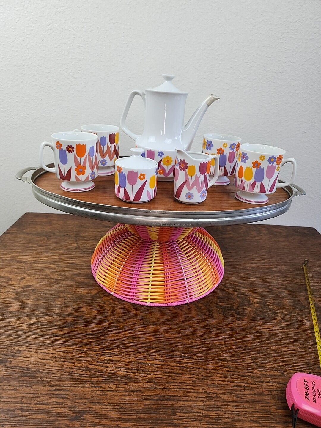 Rare Vintage MCM Enesco Ceramic Tea Or Coffee Set Tulips Flowers 