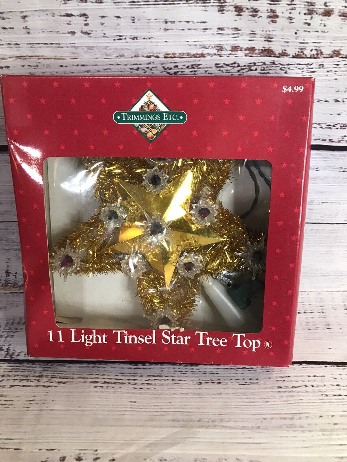 Vtg Trimmings XMAS GOLD STAR TINSEL Tree Top 11 Flashing Lights Box Needs Bulb