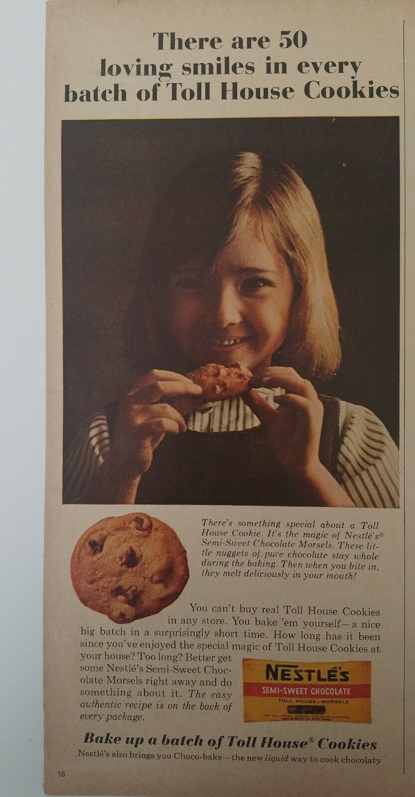 1965 Nestle\'s semi-sweet chocolate Toll House Morsel little girl cookie ad