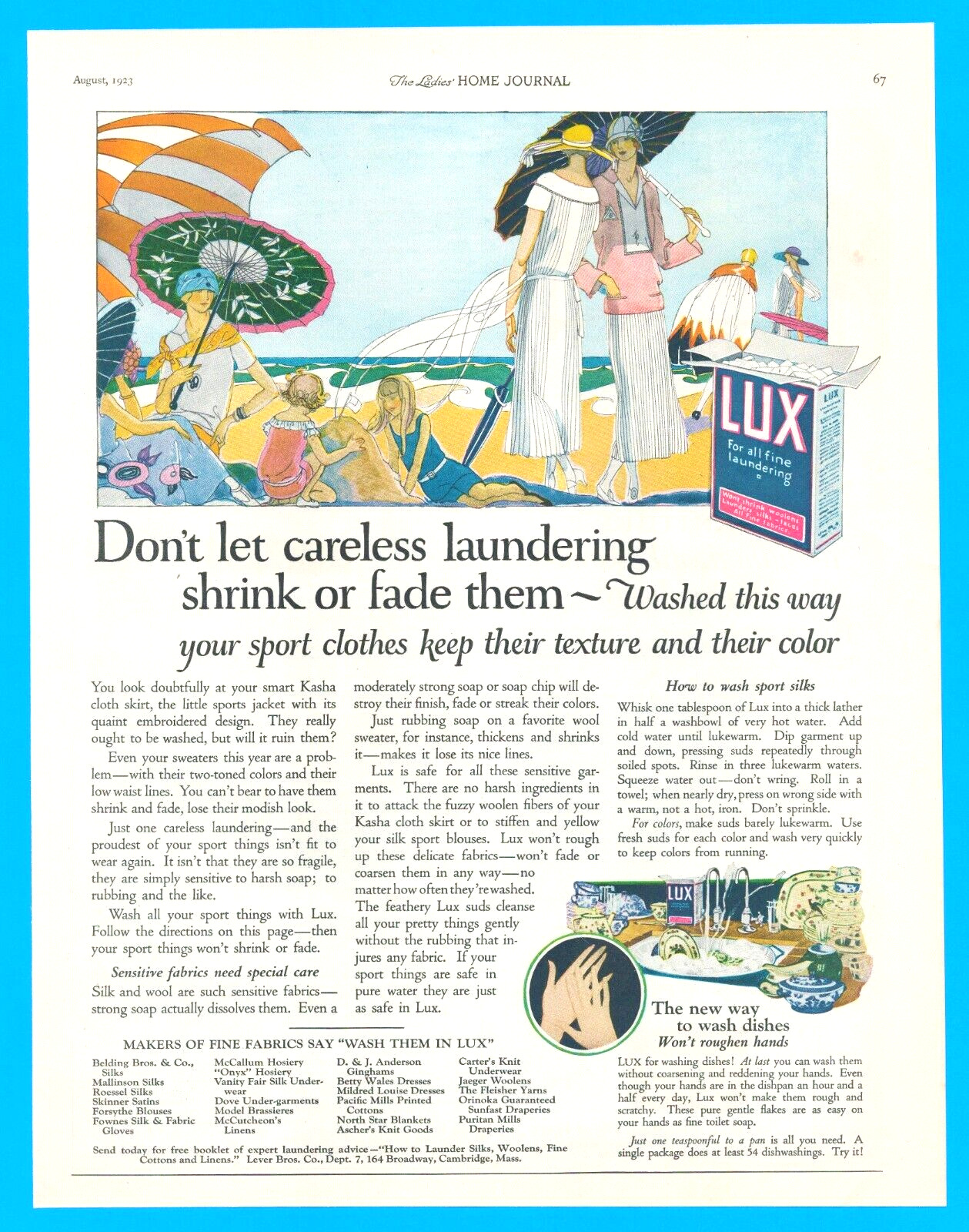 1923 LUX LAUNDRY SOAP antique art PRINT AD detergent beach umbrella clothes swim