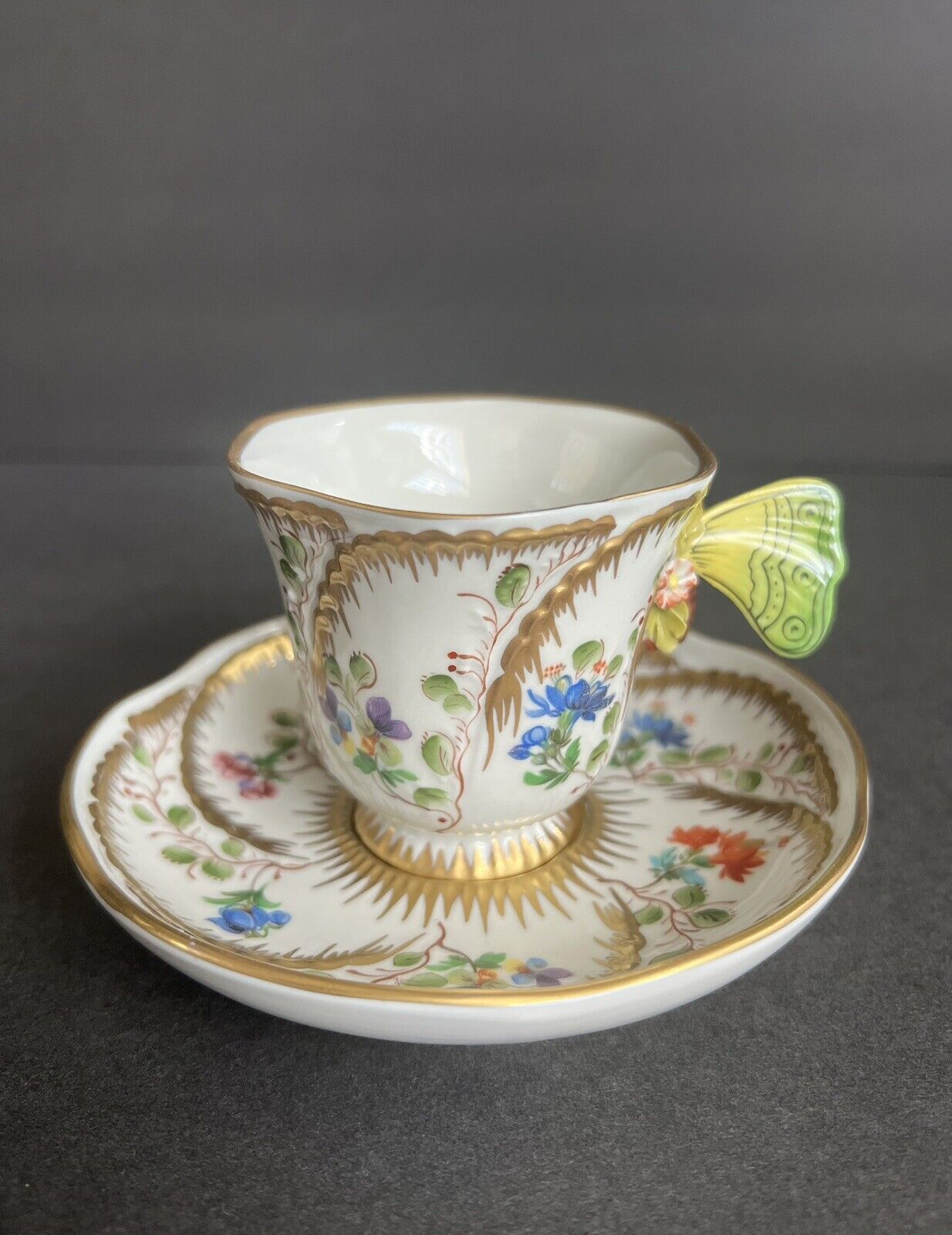French Sevres porcelain cup & saucer with butterfly on the handle Very beautiful