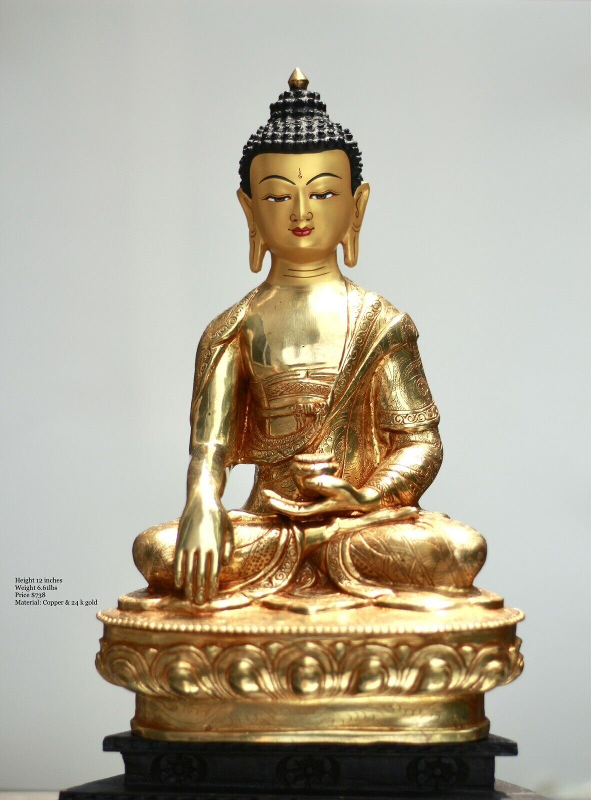 Golden buddha Shakyamuni 12” Hand Crafted 24k Gold, Copper, Gold Face