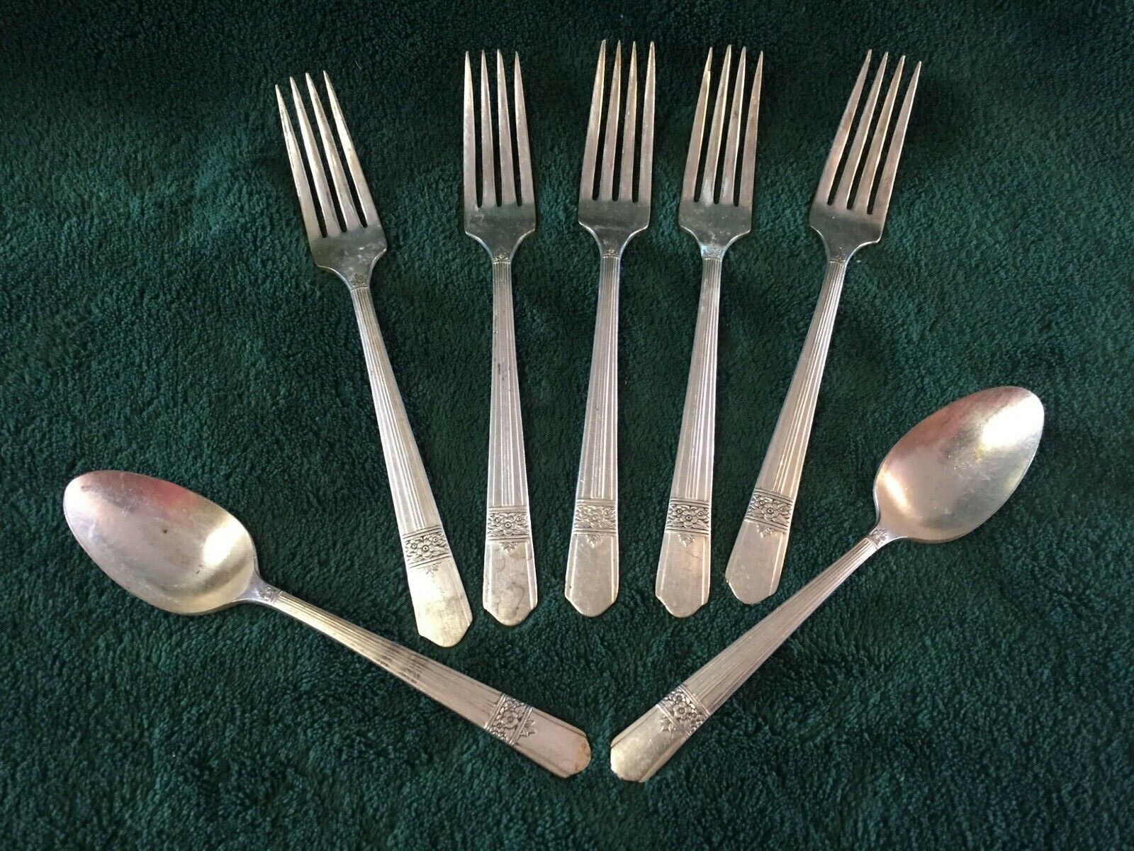 7 pc Simeon L & George H Rogers Oneida Stainless Flatware 5 Forks 2 Spoons RARE