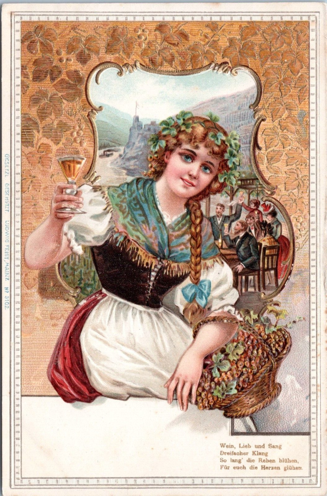Pretty Girl holding Wine Glass- German Embossed Postcard c1900s- Wine Love Song