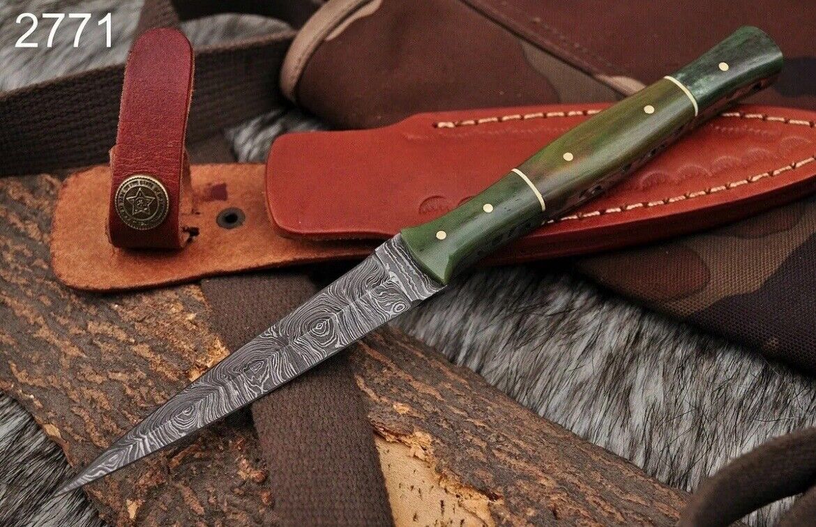 Damascus Steel Hunting Dagger Double Edge Boot Knife Full Tang With Sheath