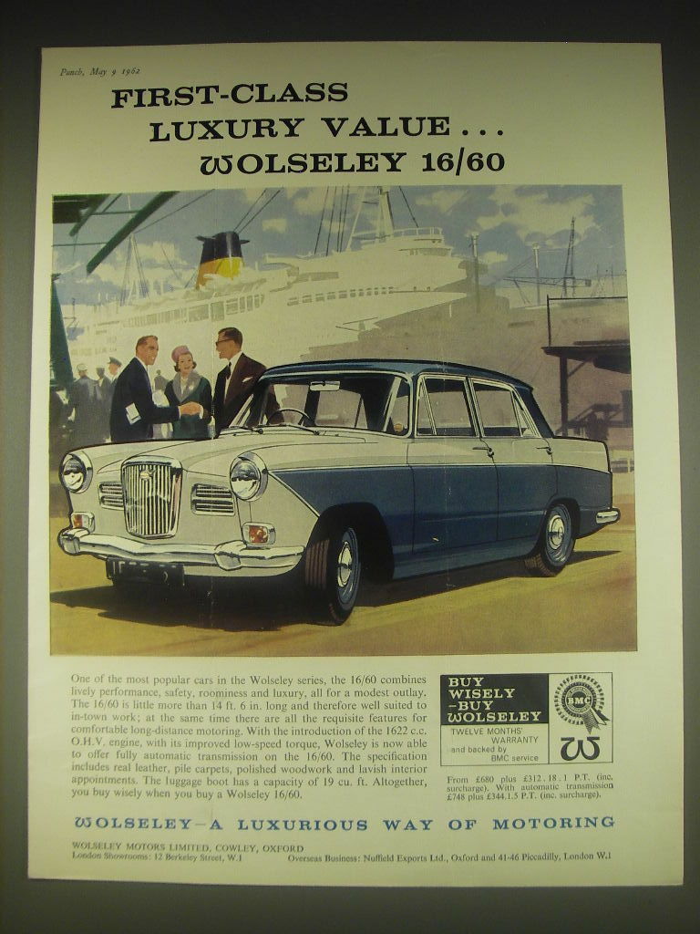 1962 Wolseley 16/60 Car Ad - First-class luxury value.. Wolseley 16/60