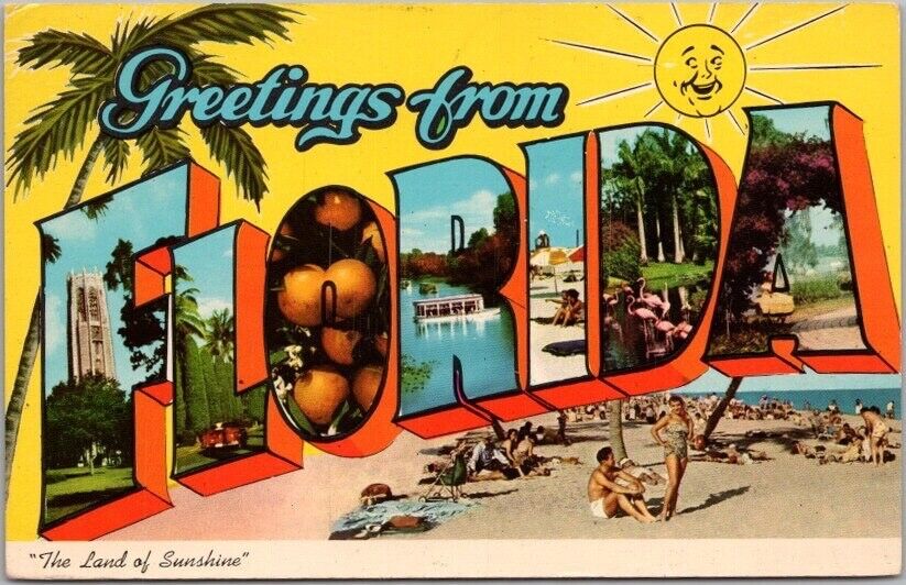 Vintage FLORIDA Large Letter Postcard Beach Scene / Curteich CHROME 1974 Cancel